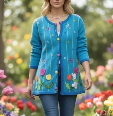 Quacker Factory Size 1X Blue Easter Bunny Floral Novelty Womens Cardigan Sweater - Image 1 of 4
