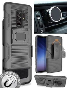 Black Case + Belt Clip Holster + Magnetic Car Mount for Samsung Galaxy S9 Plus - Picture 1 of 11