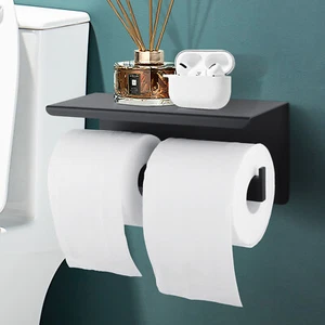 ACA Double Toilet Paper Roll Holder Stainless Steel Twin Hooks With Cover Black - Picture 1 of 5