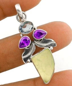 Natural Moss Prehnite & Amethyst 925 Solid Sterling Silver Pendant Jewelry - Picture 1 of 1