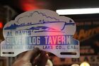 RARE 1950s SILVER LOG CABIN CLEAR LAKE PAINTED METAL PLATE TOPPER SIGN BOAT SKY