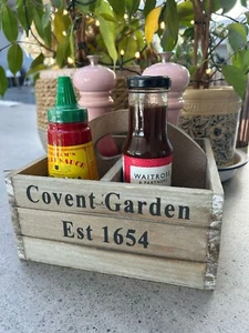 Wooden 4 Compartment Condiment Holder with Built-in Handle + Covent Garden Print - Picture 1 of 11