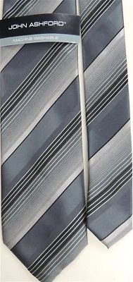 John Ashford Men's Silk Neck Tie Key West Striped Gray Skinny 3 1/4" x 58" - Image 1 of 3