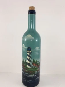 Hand Painted Lighthouse Sea Scene on Wine Bottle Sealed 12” Tall - Picture 1 of 9