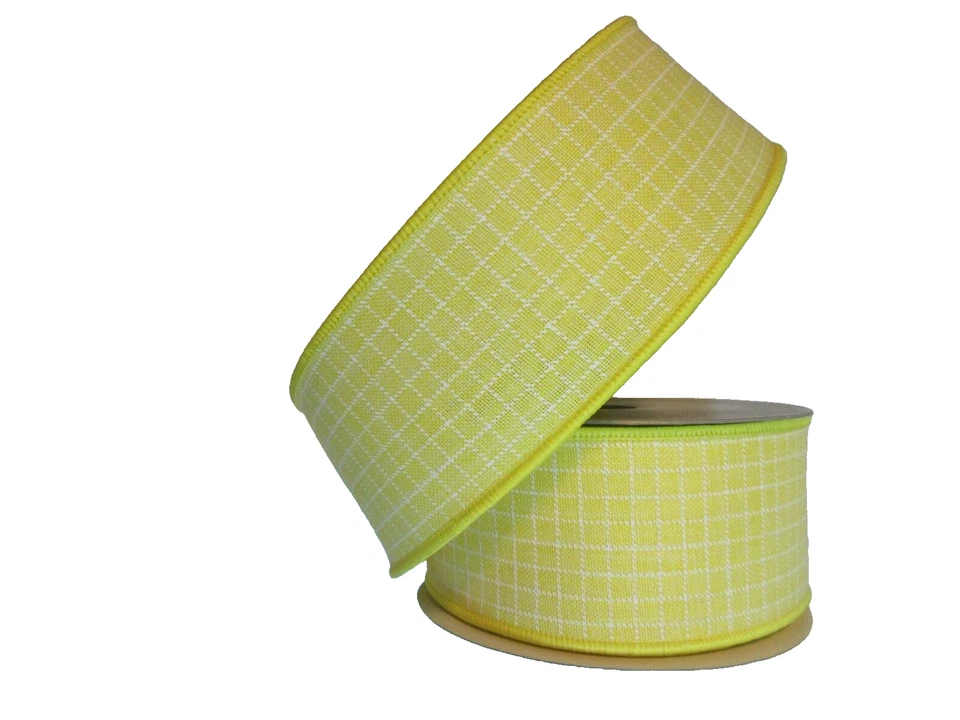 Yellow Gingham Wire Edge Ribbon 2 1/2" x 10 yds Farrisilk Spring Easter Wreaths - Image 1 of 1
