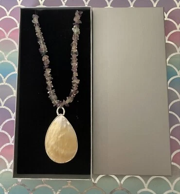 Large Mother Of Pearl Pendant. Fluorite Chip Necklace Gift Boxed. - Image 1 of 4