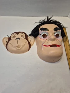 Vintage Scary Face W/hair Bonus Monkey MASK! Plastic Halloween 70s Partystuff  - Picture 1 of 24