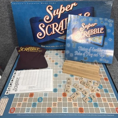 SUPER SCRABBLE 2004 Hasbro Tile Board Game COMPLETE Score Sheets Larger Board - Image 1 of 4
