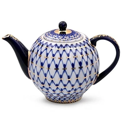 Imperial Lomonosov Cobalt Net Tulip Porcelain Teapot – 600ml, 22k Gold – New - Image 1 of 2