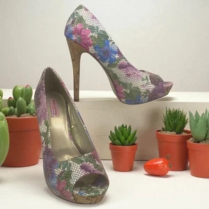 Sexy Zapato Torta Caliente TROPIC Colorido Floral Punta abierta Tacones Ultra Altos Talla 9 M - Imagen 1 de 15