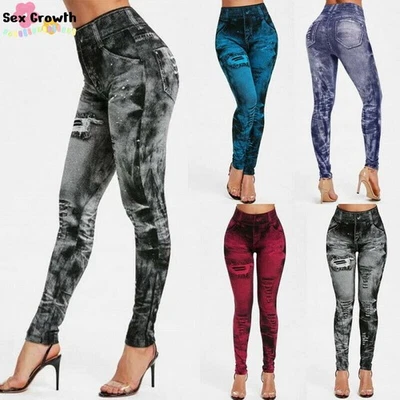 Damas Mujeres Elástico Denim Look Ajustado Leggings Pantalones Largos Talla Grande Jeggings Foto 1 de 4