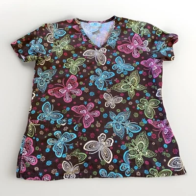 SB Scrub, Brown Butterfly Pattern Medical Uniform top, Women's Size Small - Image 1 of 4