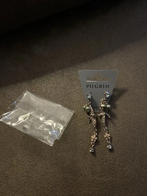 New Pilgrim Blue rhinestone gray pearl bird drop earring. Unique - Image 1 of 4