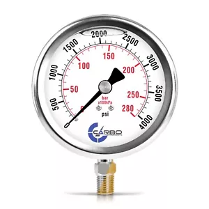 4" Pressure Gauge, Stainless Steel Case, Liquid Filled, Lower Mnt 4000 PSI - Picture 1 of 6