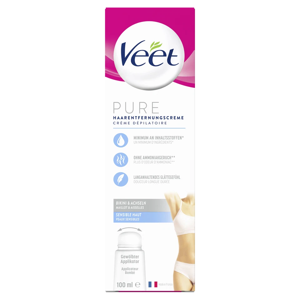 Veet PURE Haarentfernungscreme – 100 ml Tube mit gewölbtem Applikator und Spatel