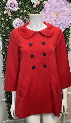 Modcloth Blazer Red Textured Nautical Pea Coat Jacket With Blue Polka Dot Lining - Image 1 of 4
