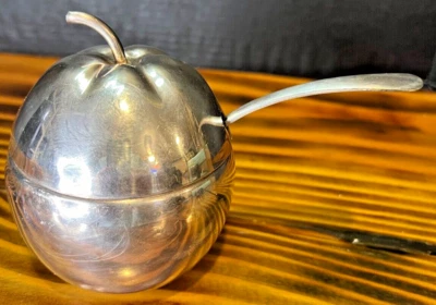 De colección Sheffield INGLATERRA Plateado Mermelada de Manzana Conservas Cuenco + Cuchara de Salsa #3526 Foto 1 de 4