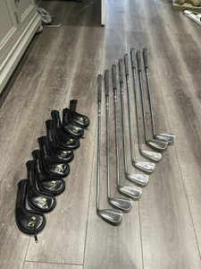 Lynx USA Steel Shaft Set Lot 9,8,7,6,5,3,SW,PW & The Masters Leather Head Covers - Picture 1 of 24