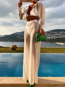 White Bikini 4 Pieces Set With Cover Up Pants Sexy Bikini Swimwear Bathing Swim - Picture 1 of 9