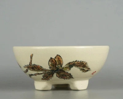 Japanese Bonsai pot SEMIYAMA signed IROE Acorns Plants painted Round φ5" *775 7 - Image 1 of 4