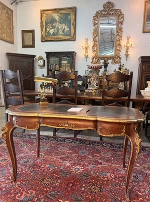 Antique French Louis XV Writing Desk Ormolu Cabriole Legs Inlaid Leather Top - Image 1 of 4