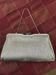Vintage Silver Metallic Evening Clutch Bag Handbag Purse Chain Strap Bow Clasp - Picture 1 of 10
