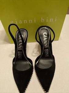 Gianni Bini Black Suede Heels With Rhinestone Edging Ankle Straps Sz 6.5M C/L - Picture 1 of 5