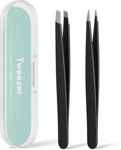 2 Pack Professional Tweezers Slant & Point Tip for Eyebrow Facial Hair Splinter - Picture 1 of 5