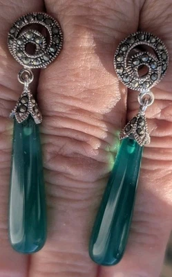 Pendientes grandes de alta gama de plata de ley marcasita, ágata verde Art Decp Foto 1 de 3