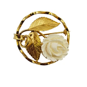 Vintage Karen Lynne runde Rose Brosche Anstecknadel 12K Gold gefüllt geschnitzt Harz signiert - Bild 1 von 14