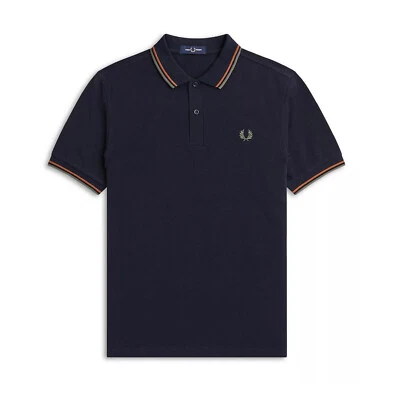 Fred Perry Men's Short Sleeve M3600 Twin Tipped Polo Shirt Navy/Nutflake/Green S - Image 1 of 4