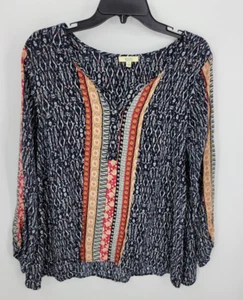 Kori America Top Womens Large Black Boho Print Peasant Popover Artsy Blouse - Picture 1 of 7