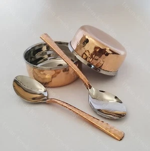 Handmade Stainless Steel Copper Lunch Dinner Soup Bowl Ice Cream 2 Bowl 2 Spoon - Picture 1 of 9