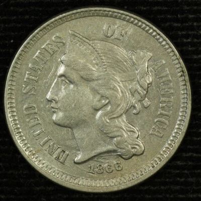 Three Cent Nickel. 1866 About Uncirculated.  Lot # 9049-262-611 - Image 1 of 2