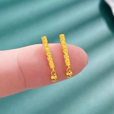Pure 999 24k Yellow Gold Stud Women Lucky Bead Pattern Rod Dangle Earrings 1.95g - Image 1 of 4