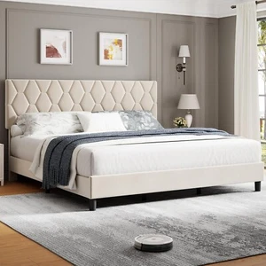 Queen Size Bed Frame w/Linen Fabric Upholstered Headboard Noise Free Beige - Picture 1 of 4