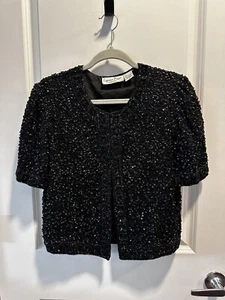 Vintage Laurence Kazar Womens S Black Sequin & Beaded Shrug Jacket - Picture 1 of 6