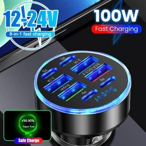 8-Port Car Charger with Digital Display-100W Fast Charging USB-C & Type-C New - Zdjęcie 1 z 9