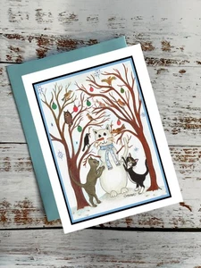 Gatos en el bosque construyendo un gatito de nieve, tarjeta de Navidad, tarjeta #102 - Imagen 1 de 1