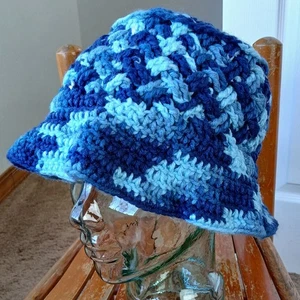 Basket Weave Bucket Hat small crochet shades of blue handmade y2k machine wash - Picture 1 of 10