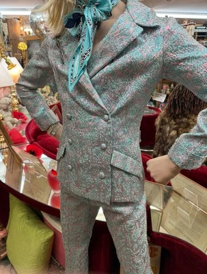 Traje de potencia vintage años 70 para mujer azul y rosa metálico de doble botonadura Foto 1 de 4