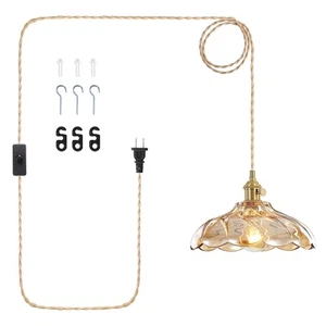 1 Pack Plug in Pendant Light Fixture, Scalloped Amber Glass Hanging Light Fix... - Picture 1 of 7