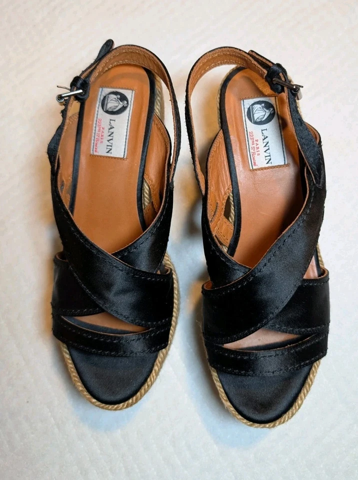 Lanvin Platform Espadrille Sandals Black Satin Jute Wedges Size 5.5 EU 35.5 - Image 1 of 4