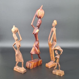 4 Vintage African Hand Carved Wood Folk Art Men & Women Figurines Statues - Picture 1 of 14
