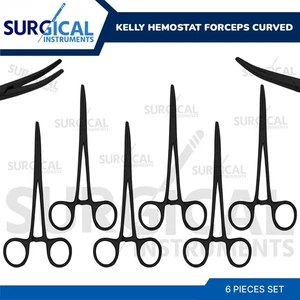 6 Pcs Kelly Hemostat Forceps 5.5" Curved Stainless Steel Full Black German Grade - Picture 1 of 8