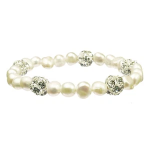 "Pulsera elástica blanca con perlas y bolas de fuego de agua dulce de 7,5" - Imagen 1 de 1