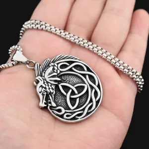 Vintage Irish Celtic Mens Necklace Stainless Steel Dragon Pendant Viking Pendant - Picture 1 of 5