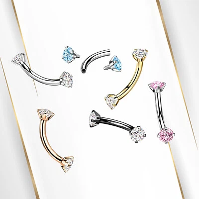 F136 Titanium 16G CZ Gem Curved Barbell Eyebrow Ring Tragus Rook Piercing 5/16" - Image 1 of 3