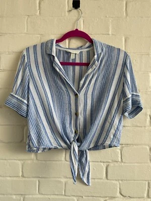 H&M Blue & white striped tie front blouse button down blouse size uk 8 - Image 1 of 4