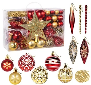 Weihnachtskugeln mit Baumspitze Stern 102er Kunststoff Christbaumkugel Rot+Gold - Bild 1 von 10